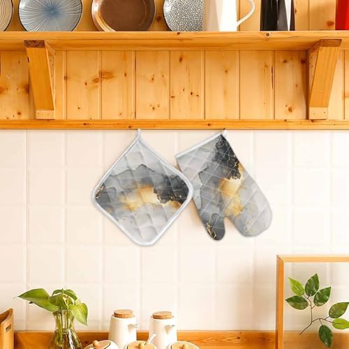 Quilted Cotton Terry Cloth Oven Mitt, Pot Holder Gray Black Marble