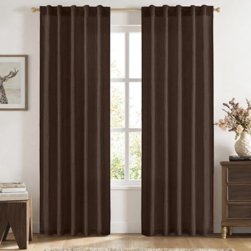 MIULEE Faux Linen Curtains 96 Inch Length 2 Panels Natural Semi Sheer
