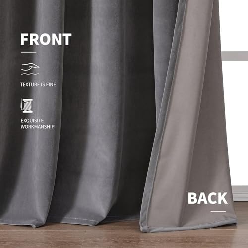 CUCRAF Grey Velvet Blackout Curtains 108 inches Long, Thermal