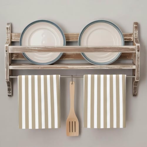 Khaki and White Striped Kitchen Towels Set of 3, Gradient Geometric