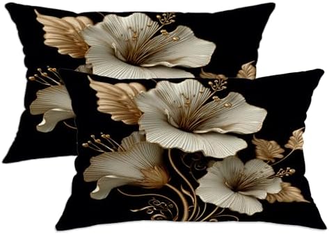 Elegant Floral Pillow Covers Set of 2, Cream and Gold Flower Design