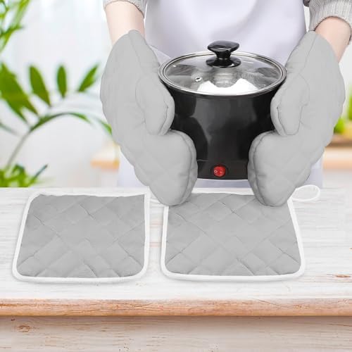 4Pcs Oven Mitts and Potholders, Solid Color Light Gray Classic Oven