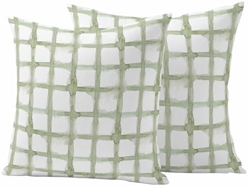 Outdoor Throw Pillow Covers,Retro Geometric Sage Green Check