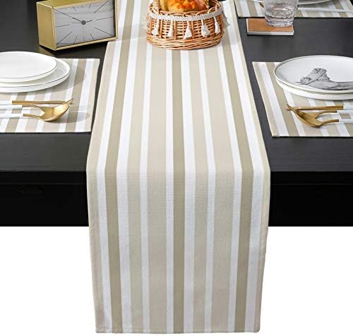Teamery Table Runner for Kitchen Decor, Beige White and Brown Stripes