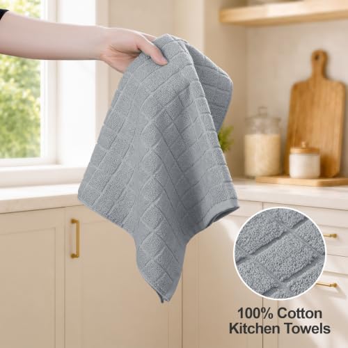 Kitinjoy Premium Cotton Check Kitchen Towels 4 Pack, 16" x 28", Light