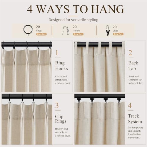 Hokibero Cream Pinch Pleated Linen Curtains 120 Inch Long for Living