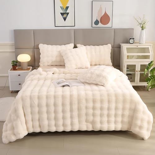 MERRYLIFE Luxury Faux Rabbit Fur Throw Blanket for Couch Bed Beige