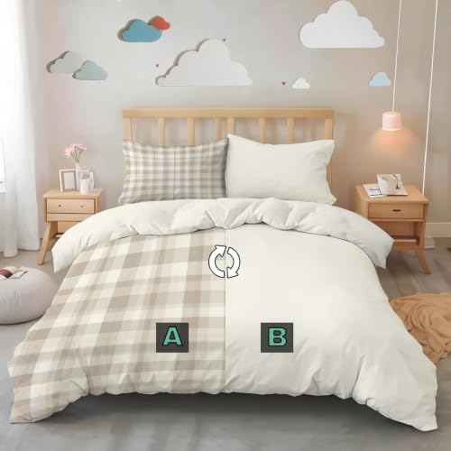 Beige Gray Gradient Stripes and Checks King Duvet Cover Set