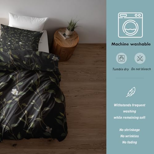 Botanical Duvet Cover King Size, Tree Stripe Floral Black Green