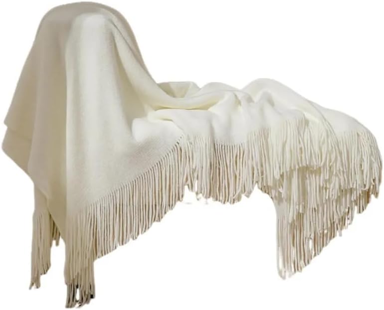 50 * 70IN Knit Throw Blanket Tassel Edge Cozy Nap Office Use,White