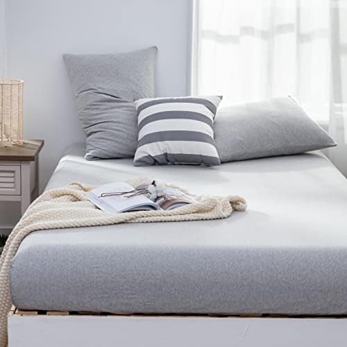 LIFETOWN Jersey Knit Cotton Fitted Sheet Queen Size Light Grey Fitted