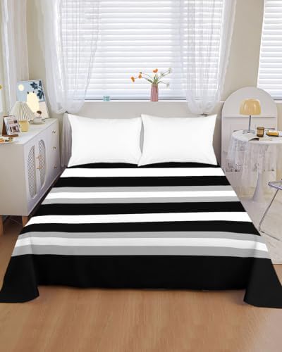 Cal King Size Flat Sheet Only, Black Gray White Stripe Texture Bed Top