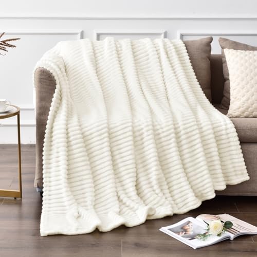 BEDELITE Ribbed Jacquard Cream Fleece Throw Blanket for Couch, 50x70
