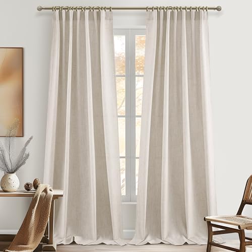 96 Inch Living Room Curtains Natural Taupe Linen Pleated Drapes Back