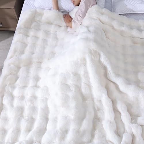 Cream Beige Faux Fur Throw Blanket for Couch, Snuggly Double-Sided