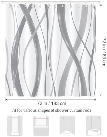 Bonhause Grey and White Striped Shower Curtain, Abstract Wavy Lines