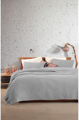 Cotton Waffle Bedspread Queen Size Light Gray 100% Cotton Lightweight
