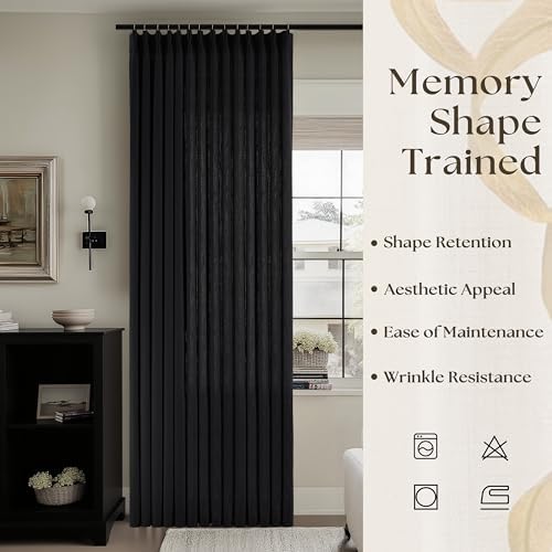 Black Pinch Pleated Semi Sheer Linen Curtains 84 Inch Long for Bedroom