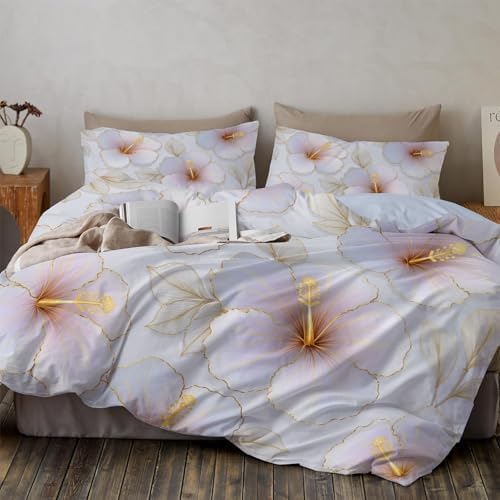 Simple Watercolor Hibiscus Flower Duvet Cover King 3Pcs, Breathable