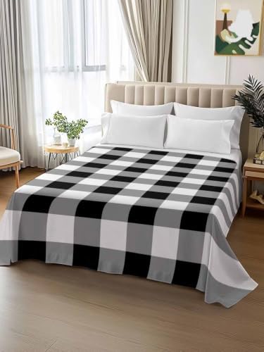 King Size Flat Sheet Only, Minimalist Buffalo Plaid Bed Top Sheet Soft