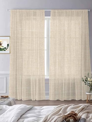 Vintage Linen Sheer Curtains 108 Inches Long, Pastoral Beige Linen