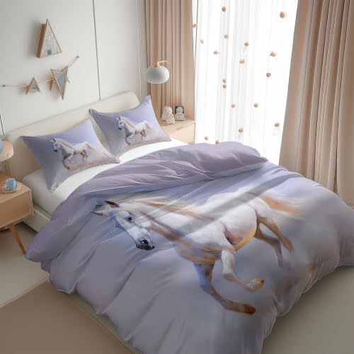 King Duvet Cover Set Soft Microfiber Oil Painting Horse Light Purple