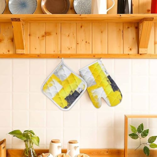 Quilted Cotton Terry Cloth Oven Mitt, Pot Holder Yellow Gray Black