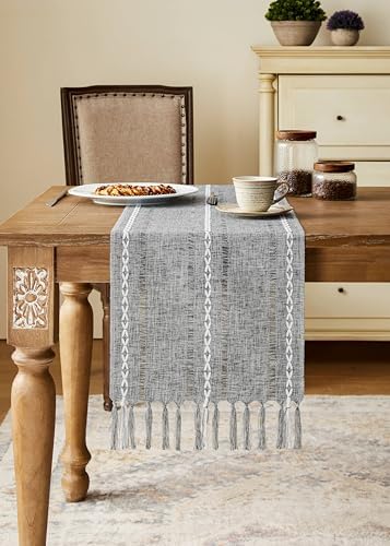 Hemstitched Farmhouse Table Runner, Charcoal 13x72 Inch, Cotton Linen