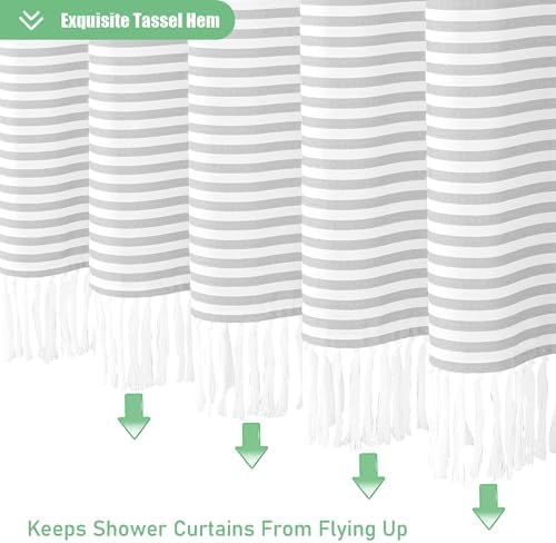 Dynamene Grey Fabric Shower Curtain, Farmhouse Boho Striped Tassel