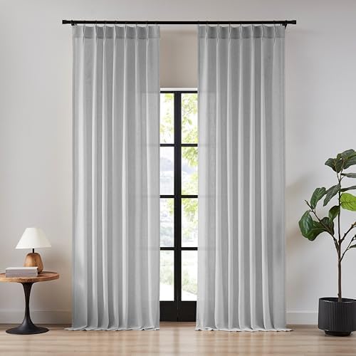 Hillcrest 108 Inch Long Light Gray Pinch Pleated Linen Semi Sheer