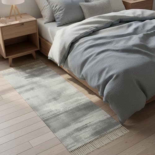 Light Gray Ombre Hallway Runner Rug 2'x5', Modern Abstract Art Oil