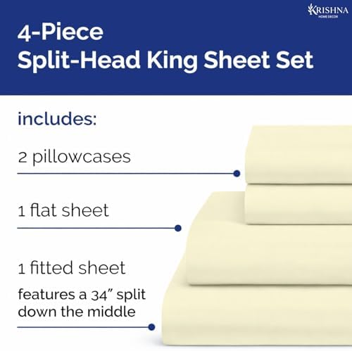 KRISHNA Split Head King Sheet Set 4 Piece, 100% Egyptian Cotton Split
