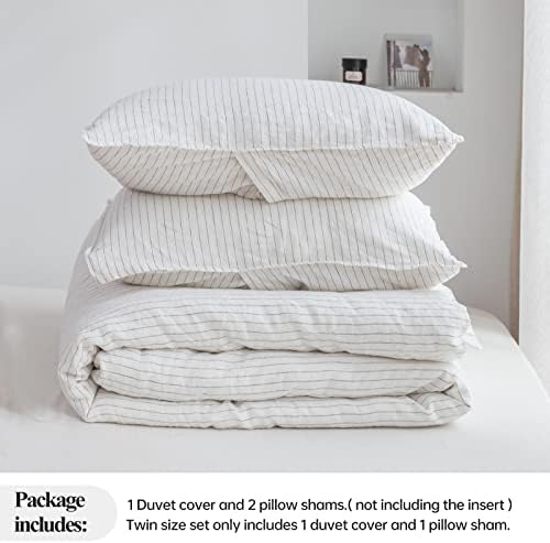 Simple&Opulence 100% Pure Linen Duvet Cover Set, 3Pcs Striped Washed