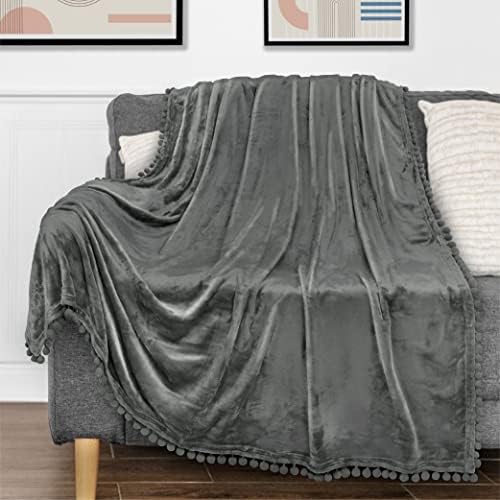 PAVILIA Fleece Throw Blanket for Couch with Pom Pom Fringe, Dark Grey