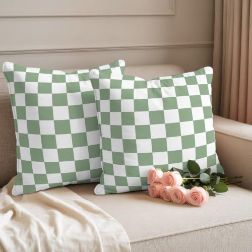 Sage Green Plaid Throw Pillow Covers 18x18 Set of 2, Modern