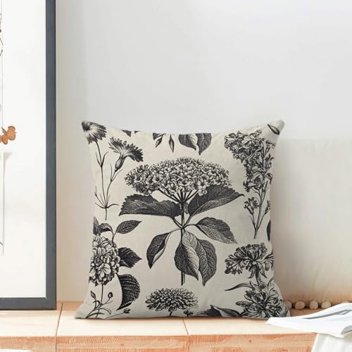 Floral Pillow Covers 20x20 Set of 2 Vintage Black Hydrangea Herbs