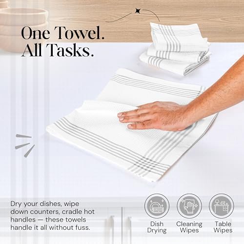 Grey and White Cotton Kitchen Towels 3 Pack, 16x26 Inch, Waffle Weave