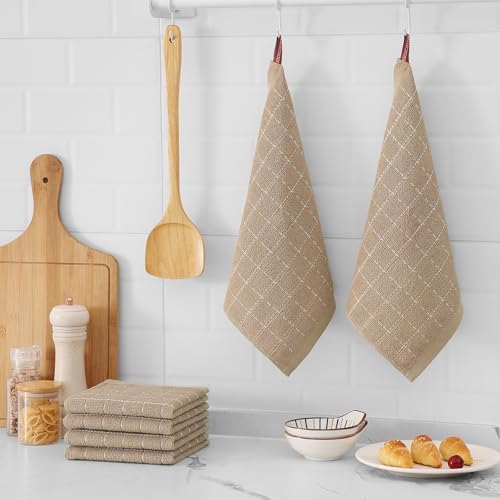 Mordimy Cotton Terry Checkered Dish Cloths, 12"x 12", 6 Pack, Tan