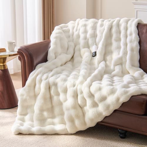 Faux Fur Cozy Heated Blanket King Size,Cream,90"x100"