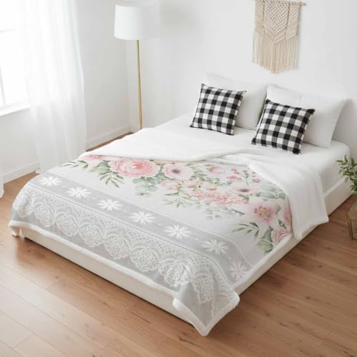 Fleece Sherpa Bed Blankets, Pink Flowers Microfiber Plush Flannel