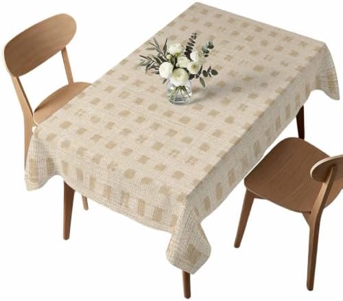 Beige Block on Linen Waterproof Tablecloth Rectangle Washable Table