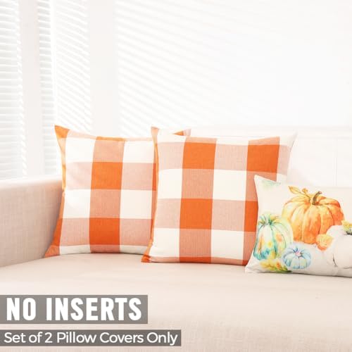 Orange Fall Outdoor Plaid Large Pillow Covers 22x22, Fall Decor for