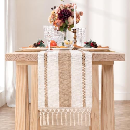 Table Runner Tassel Cotton Linen Pattern Bohemian Beige Color 12*108