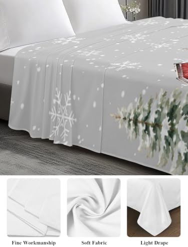 Cal King Size Flat Sheet Only, Farm Barn Christmas Tree on Gray Bed