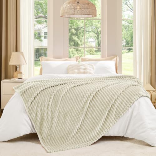 BEDELITE Ribbed Jacquard Beige Fleece Throw Blanket for Couch, 50x70