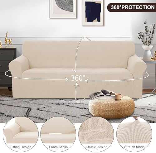 U-NICE HOME Stretch Couch Cover Slipcover for 3 Cushion Sofa, Beige
