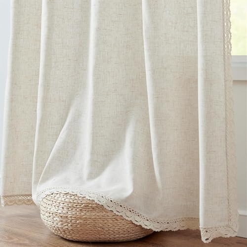 Beige Linen Curtains 63 Inch Long for Bedroom Living Room Semi Sheer