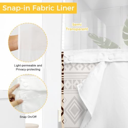 No Hook Farmhouse Brown Shower Curtain with Snap in Liner Set, Boho