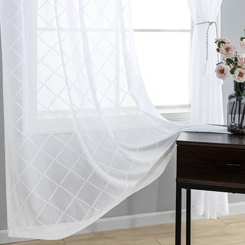 KOUFALL White Sheer Curtains 96 Inches Long 2 Panel Set, Jacquard Lace