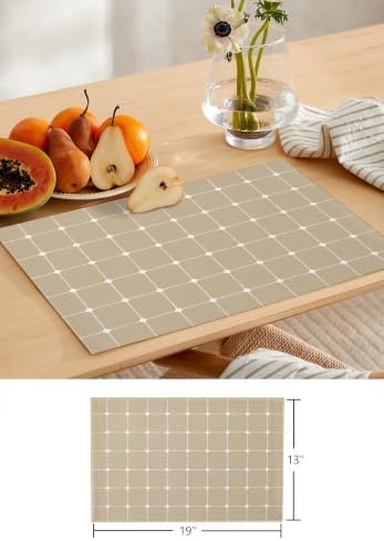Greige Grid Table Runner and Placemats Set of 4 White Dot Accents